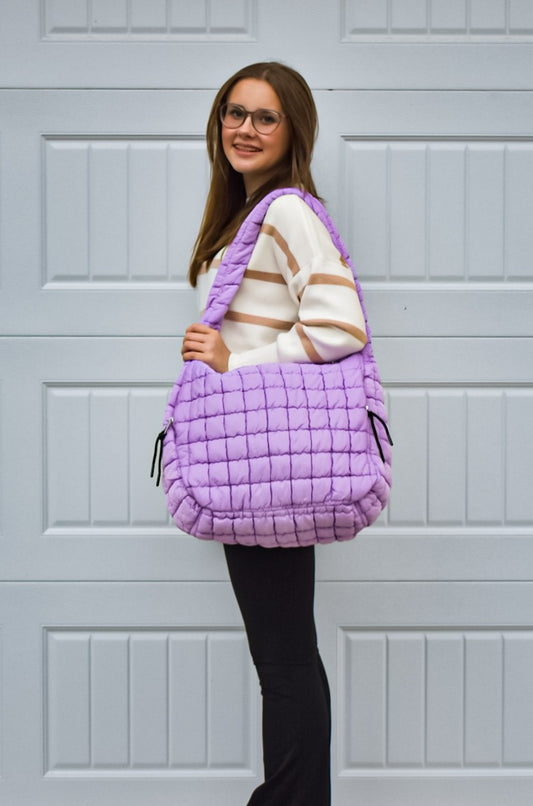 Oversized Quilted Hobo Tote Bag- Light Purple